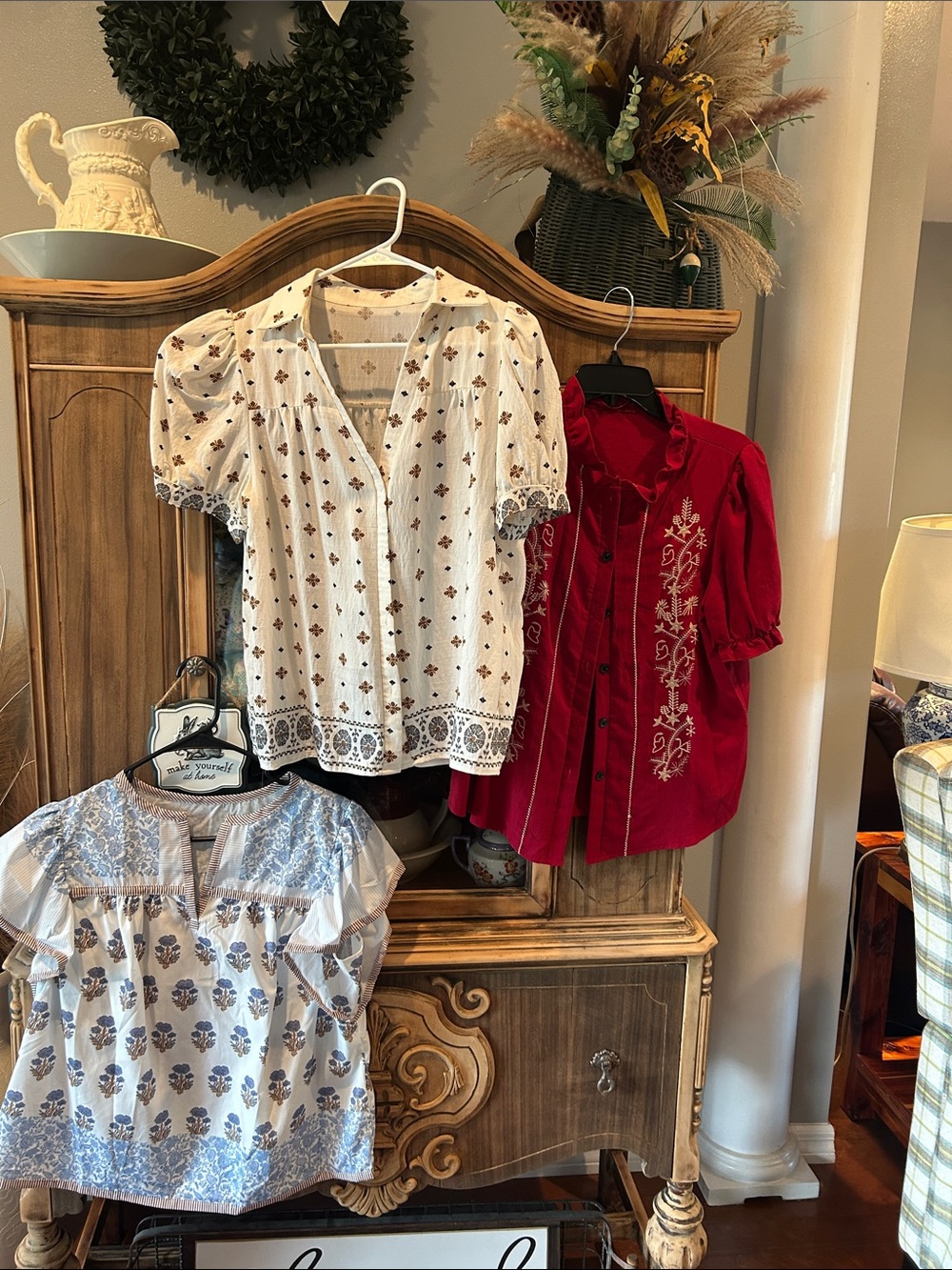 SHEIN Red Embroidered Button-Front Blouse & Two Printed Short-Sleeve Tops